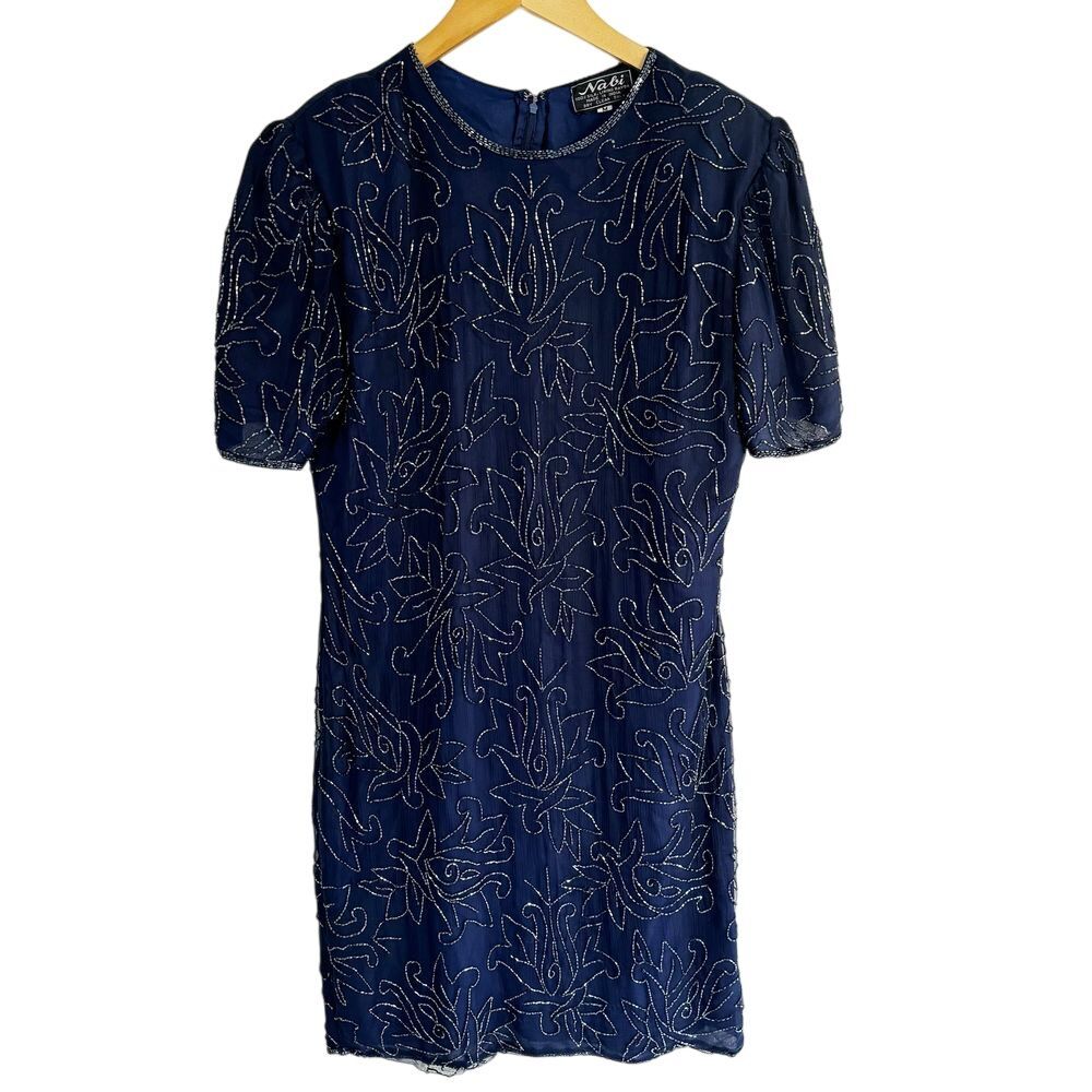 Vintage 100% Silk Sequin Navy Cocktail Party Evening Mini Dress Size Medium 90's